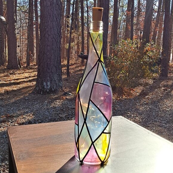 Hand Painted Faux Stained Glass Wine Bottle Lamp w/Fairy Lights-Unique Decor - Picture 2 of 12